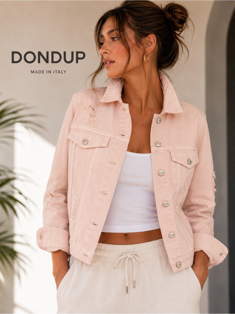 NWT Dondup Italy Blush Pink Distressed Denim Jacket Small Designer $349